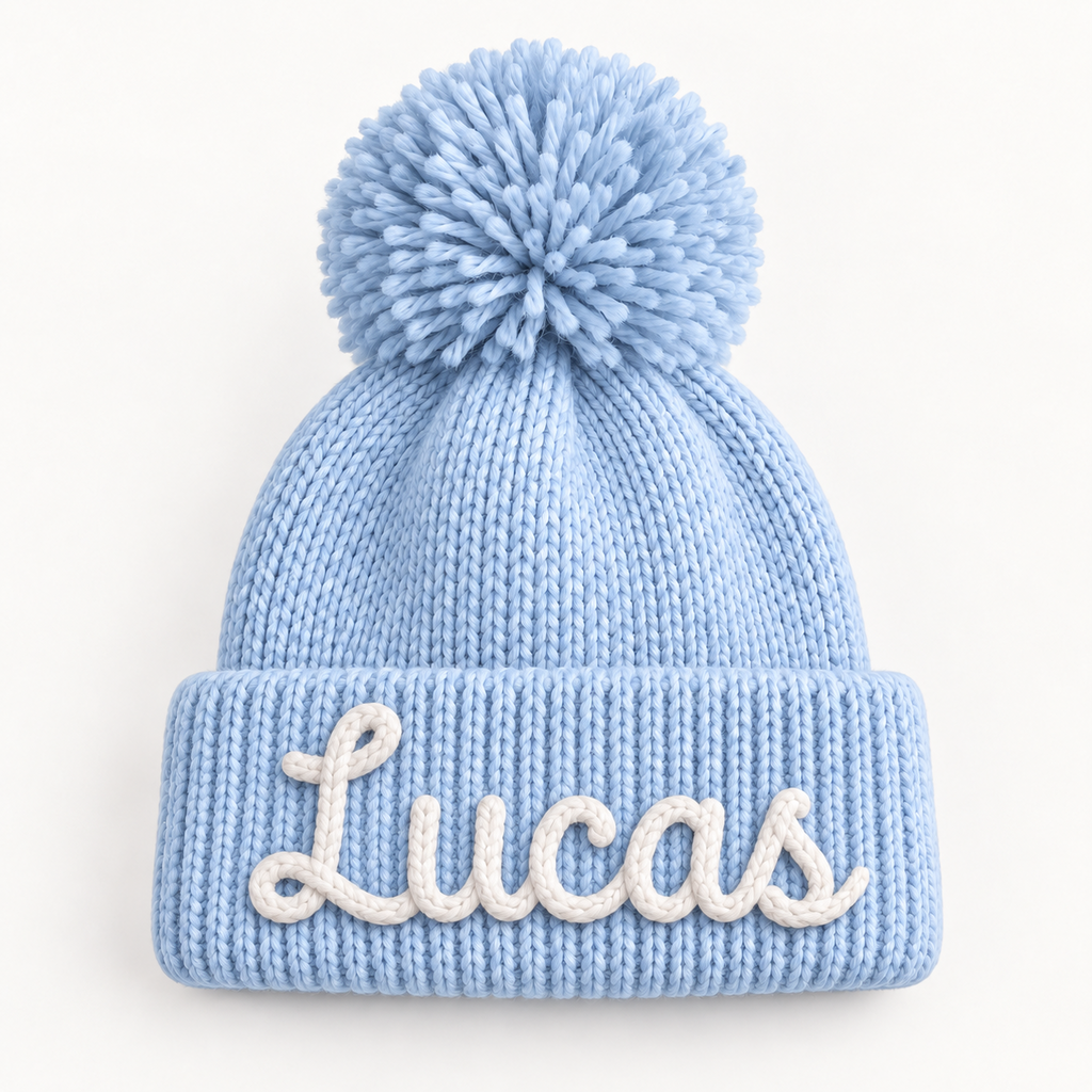Blue personalized baby beanie with pom pom