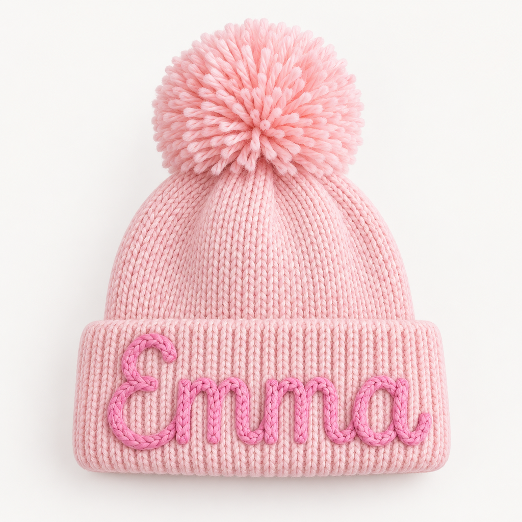Pink personalized baby beanie with pom pom