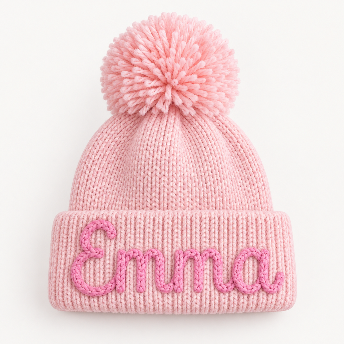 Pink personalized baby beanie with pom pom