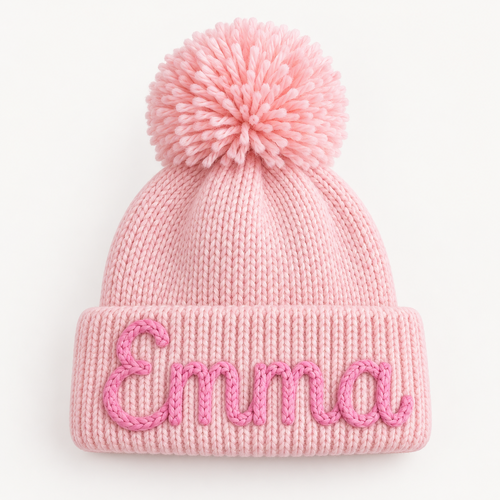 Pink personalized baby beanie with pom pom
